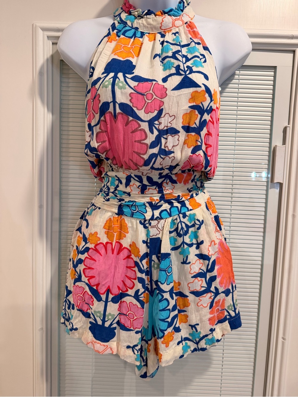 RACHEL Rachel Roy Cream Floral Halter Romper with Pink Blue Orange Accents